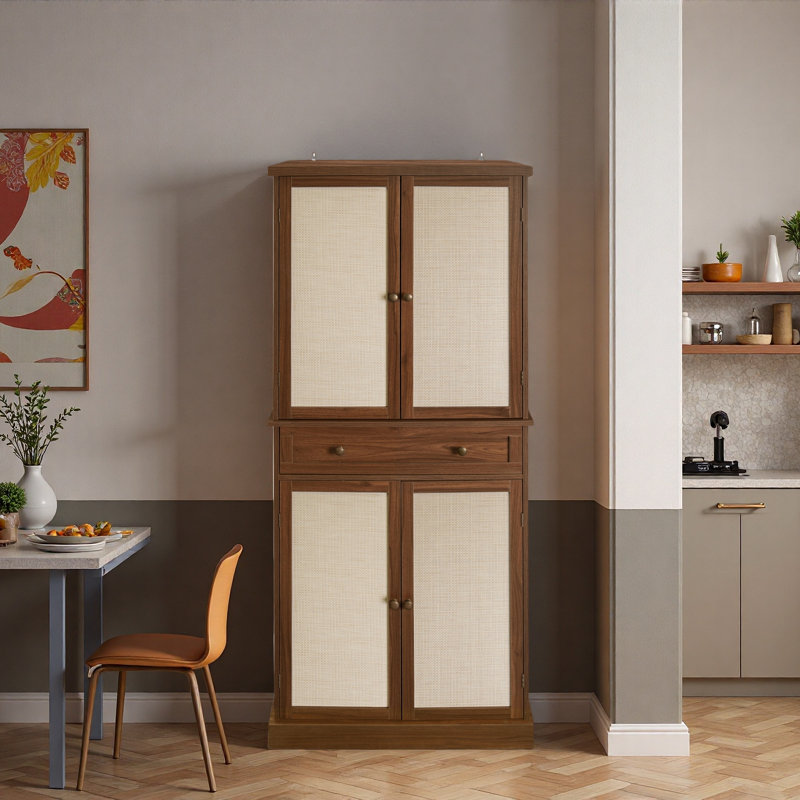 Garde-manger 4 portes avec 1 tiroir, 4 tablettes intérieures réglables et décoration en rotin, Brun