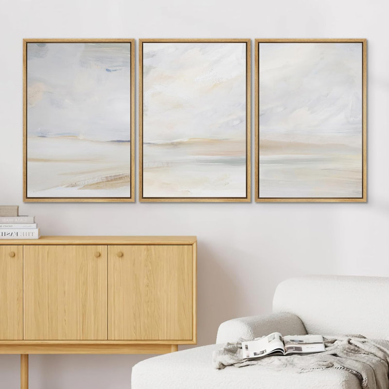 “Minimal Landscape” Mute Abstract Serene Coastal Beach, digital art print on canvas framed 3 pieces, Naturel