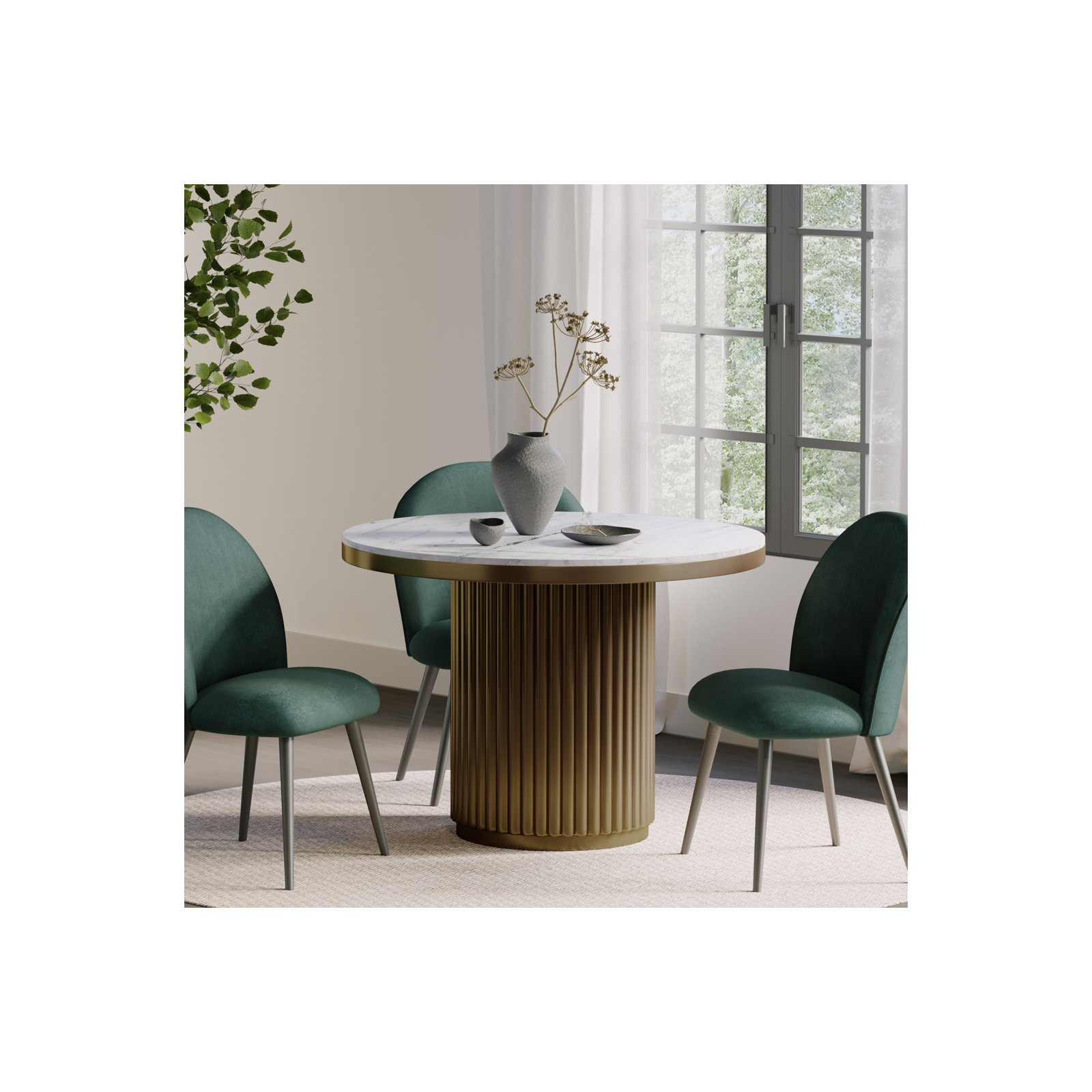 Ione 42" Pedestal Dining Table, White Marble/Antique Brass
