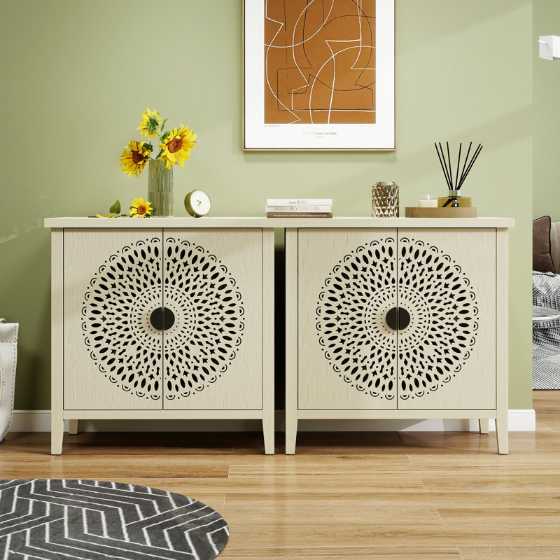 Armoire de rangement à 2 portes, motif creux, étagères réglables, zones multiples, rangement de grande capacité, basculement dans le salon, sculpture exquise, tablette, poignée confortable, clou à pattes