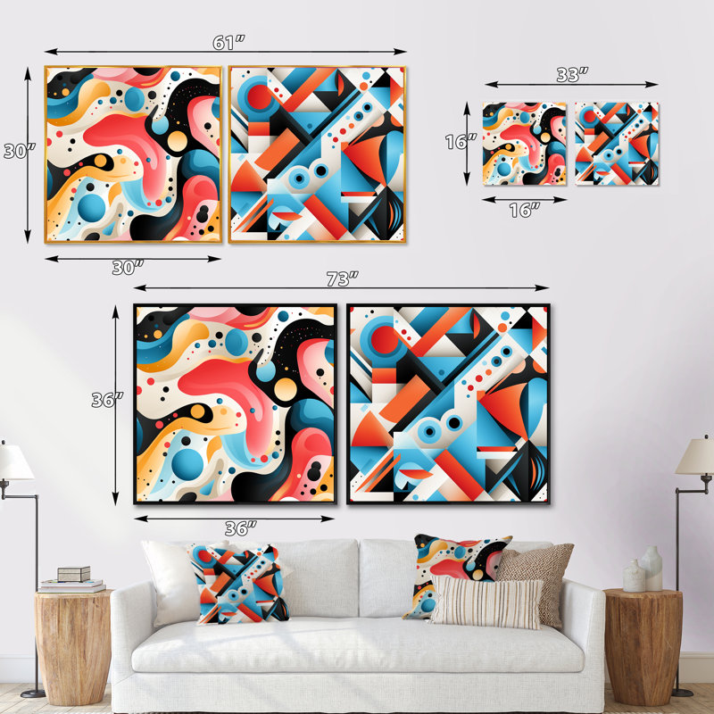 Ensemble de 2 collages carrés roses et bleus Popart Trendy, Cadre flottant noir, H 16 po x l 33 po