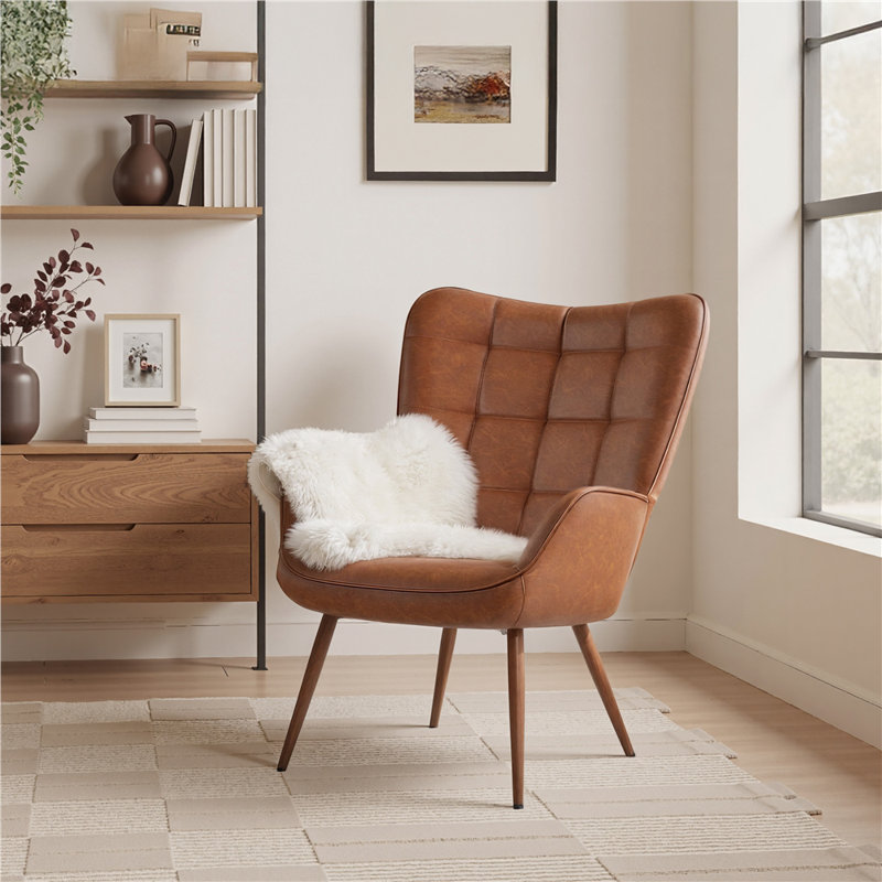 Aichele 29" W x 31.5" D Faux Leather Wingback Chair, Brown Faux Leather