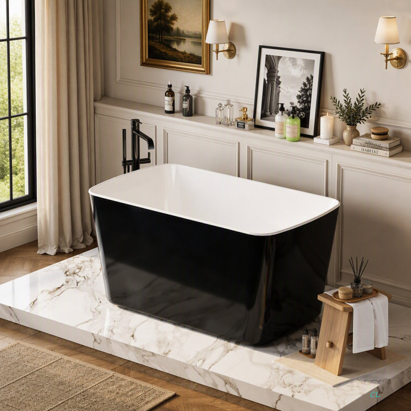 Baignoire de trempage autoportante en acrylique, baignoire de trempage japonaise de forme carrée, conception à asseoir avec trop-plein et drain chromés, disponible pour livraison express