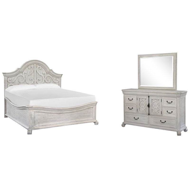 Grand lit à panneau et commode à tiroirs avec miroir de paysage