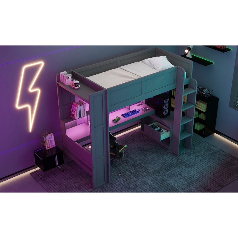 Wood Twin Gaming Loft Bed With Desk, Storage, Led Lights, Charging - Dark Gray Multiple Led, Plug