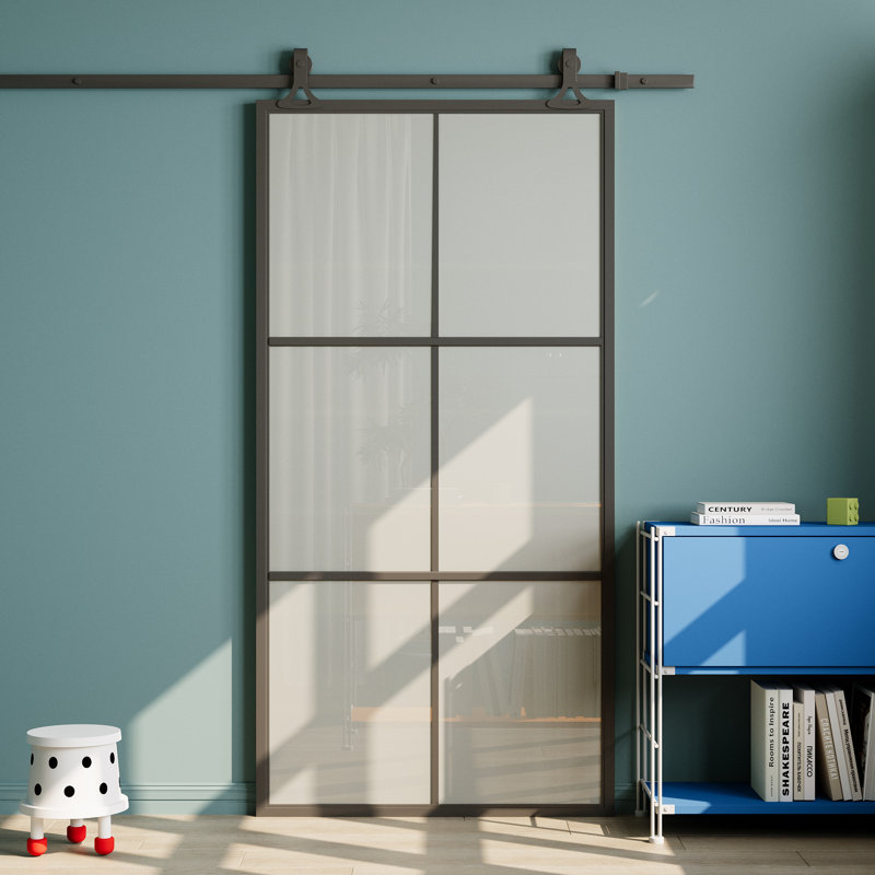 Porte de grange coulissante moderne en métal et verre dépoli à 6 carreaux, 42 po x 84 po, avec trousse de quincaillerie d'installation