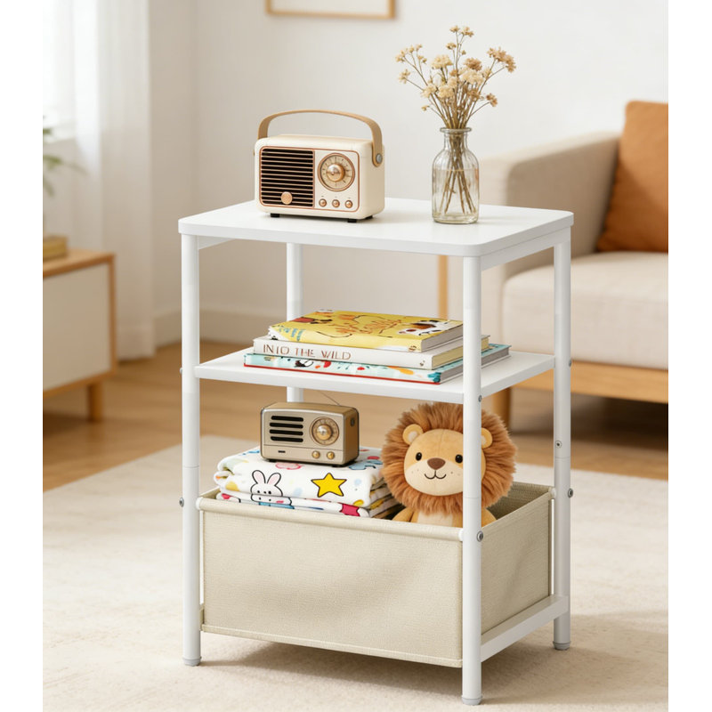 Table de bout de chambre de bébé avec panier de rangement, petite table de bout pour la chambre à coucher et le salon, table de chevet spacieuse à deux niveaux avec coins arrondis pour les petits espaces, assemblage facile