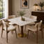 Table de salle à manger 33,5 po ronde en pierre frittée avec base en bois d'hévéa massif et base en acier inoxydable brossé doré, table de salle à manger moderne pour 2 à 4 personnes-347524782