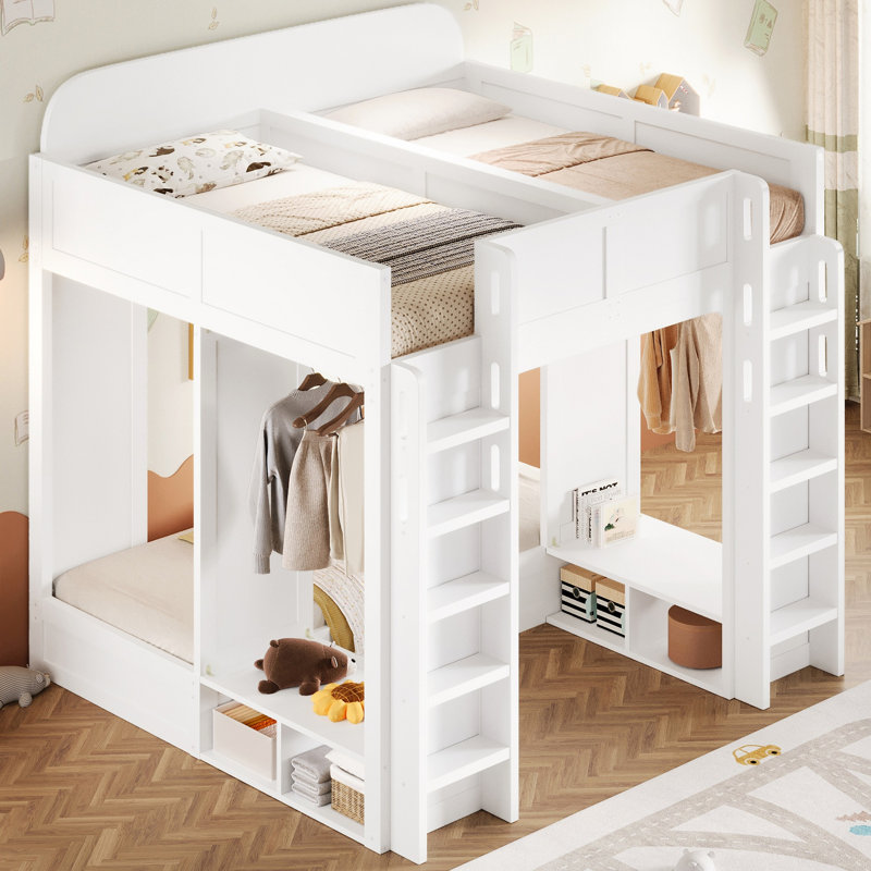 Lit superposé triple avec tablettes et crochets de rangement, Blanc