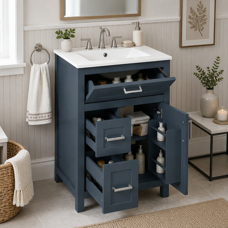 Meuble-lavabo de salle de bain de 61 cm (24 pouces) avec tiroir rabattable et 2 tiroirs, Blue