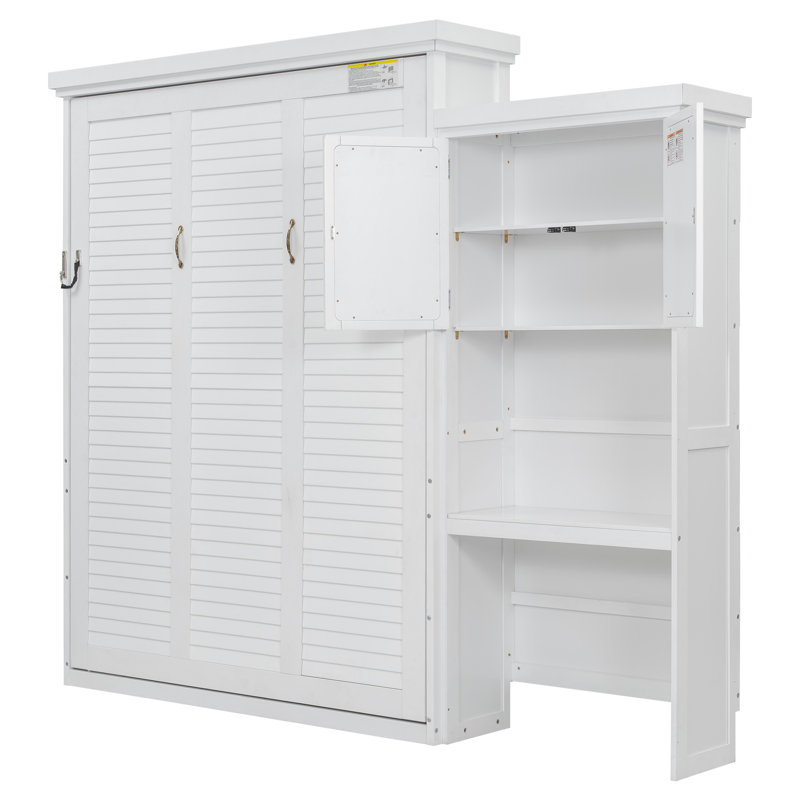Lit escamotable avec plusieurs tablettes de rangement et décoration à persiennes, Blanc