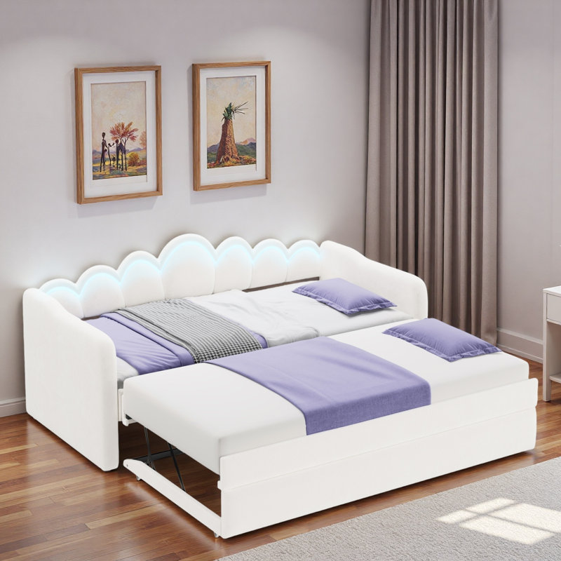 Upholstery Daybed With Led Light, Trundle And Cloud Backrest, White