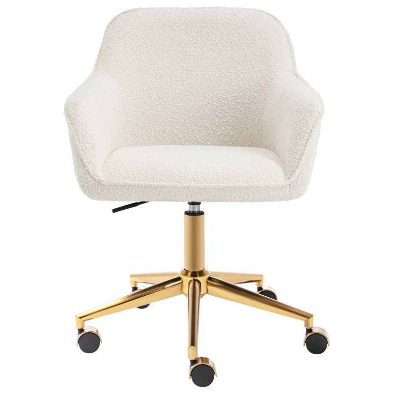 Adjustable Height Boucle Desk Chair with Gold Swivel Base and Armrests