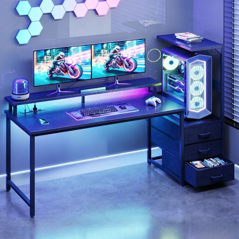 Nellie 59"W Gaming Desk With Monitor Stand &  Cpu Stand,Computer Desk With Power Outlet & RGB LED Lights,Home Office Desk With Storage Drawers