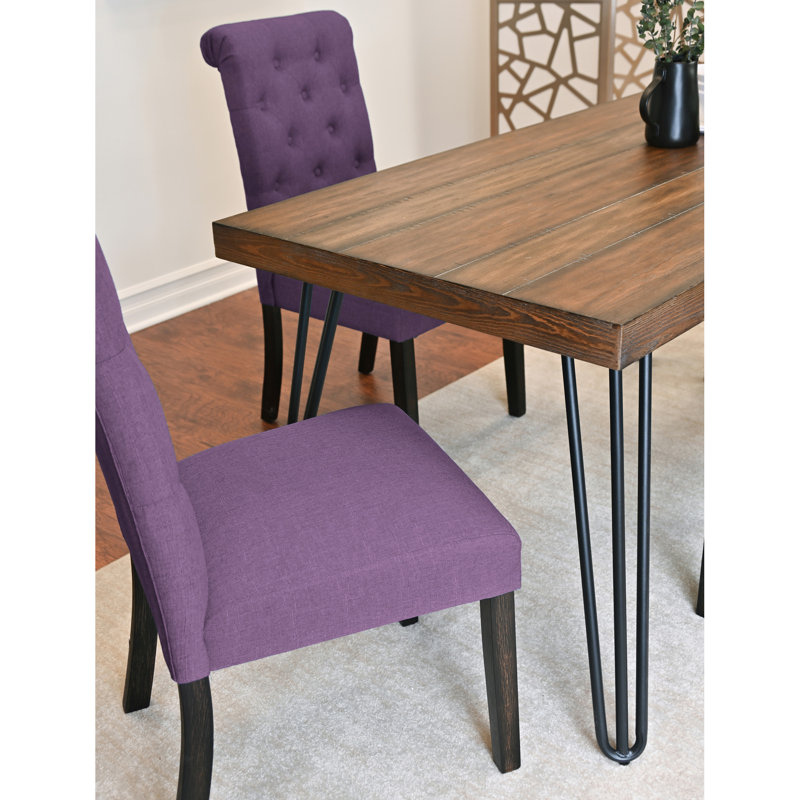 7 repas: table rustique en pin foncé avec 6 chaises, base en métal, forme rectangulaire, configuration brune, épingle à cheveux et option pour la maison