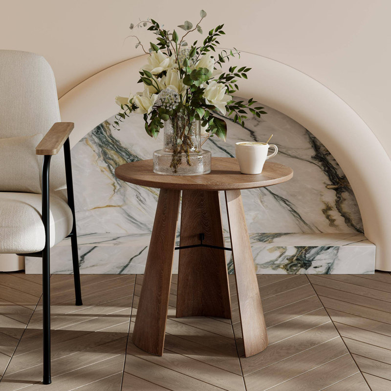 Bentwood Triangle Support Frame Round Side Table, Natural Wood