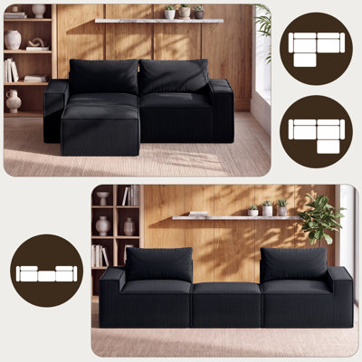 Canapé d'angle modulaire de 80,52 po avec pouf, canapé d'angle profond en forme de L, style nuage, sans ossature, avec 4 poches de rangement, noir