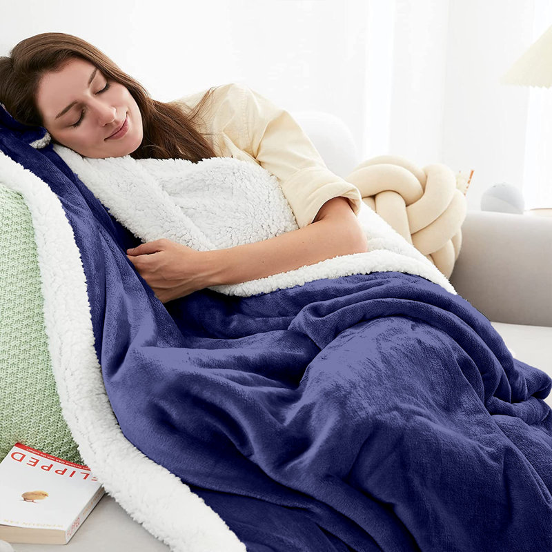 Sherpa Fleece Fur Thick Reversible Blanket Throw, Navy Blue, 240cm x 200cm