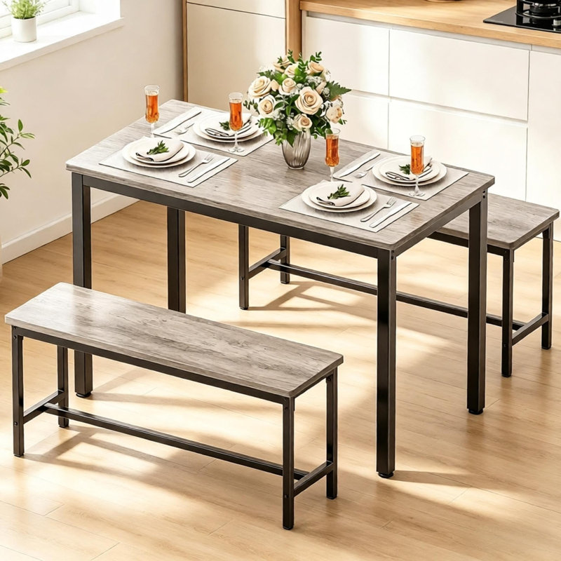 Ensemble de table de salle à manger 3 pièces, ensemble de table de salle à manger avec 2 bancs pour coin-repas et espace Samll, gris