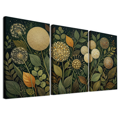 Ensemble de 3 toiles murales représentant un pissenlit et ses feuilles, dans les tons or et vert.