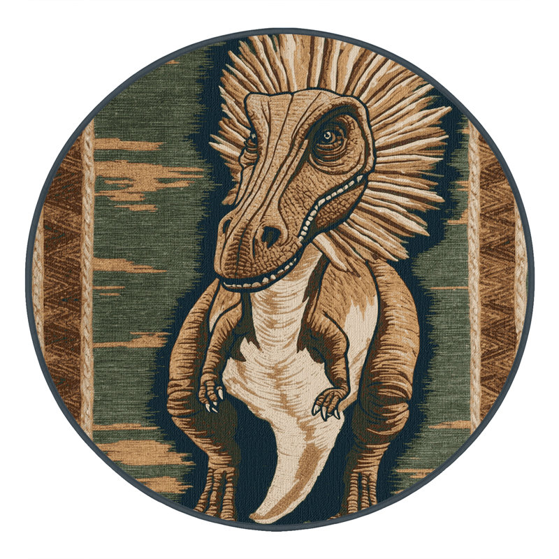 Tapis brun dinosaures lavable à la machine, Rond 7 pi