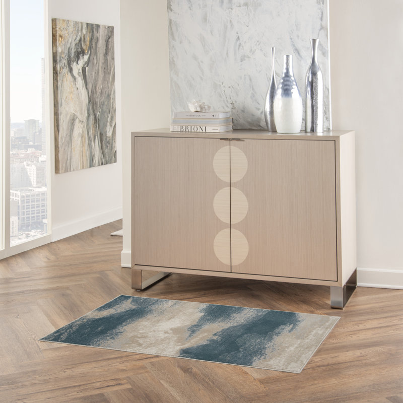Tapis abstrait en polyester tissé à la machine en beige / bleu, Rectangle 2 pi 2 po x 3 pi 9 po