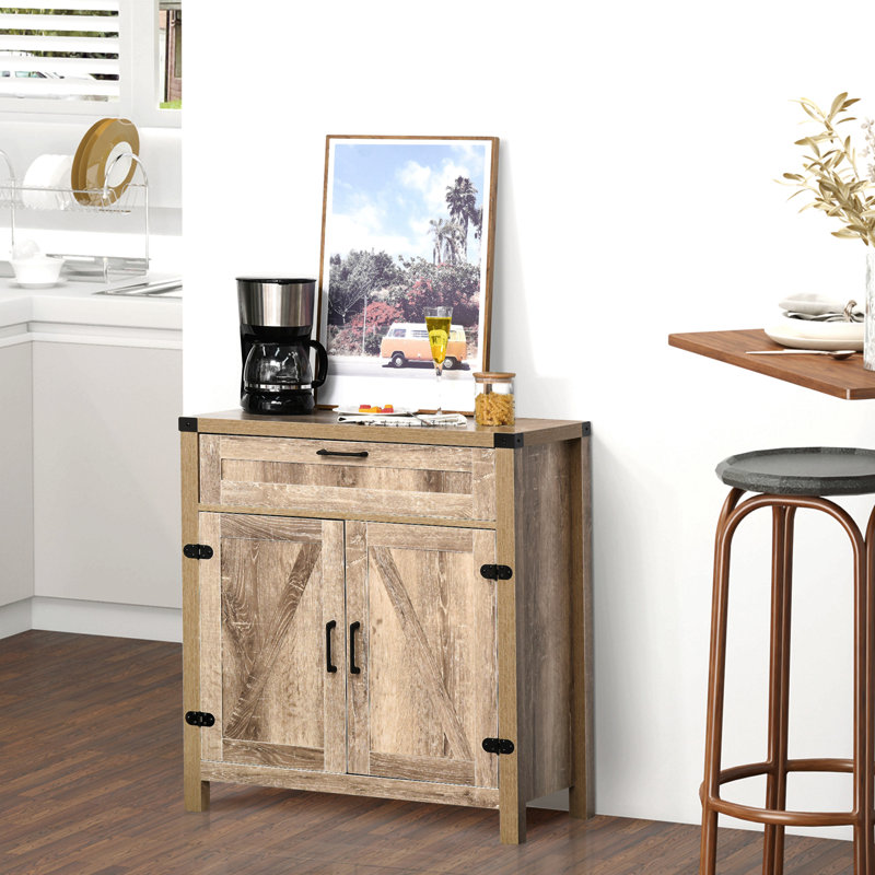 Farmhouse Sideboard Buffet Cabinet, Wooden Accent Cabinet, Kitchen Cabinet With Drawer And Adjustable Shelf, Oak