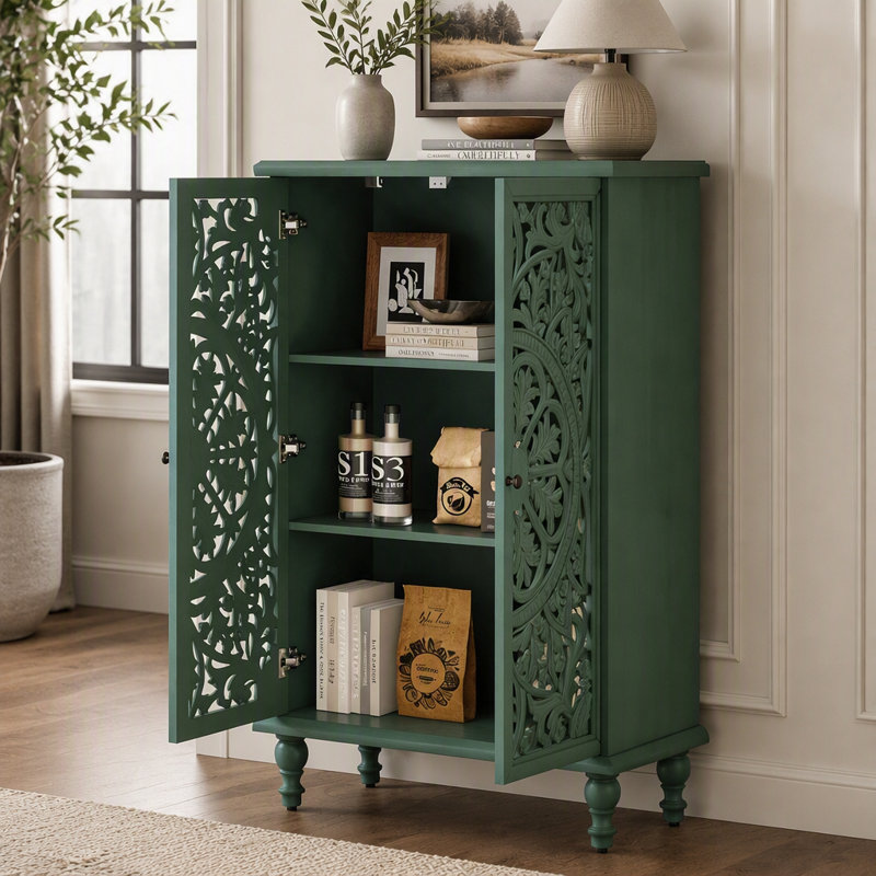 Meuble de rangement d'appoint de style campagnard avec 2 portes sculptées ajourées et étagère réglable, Antique Green