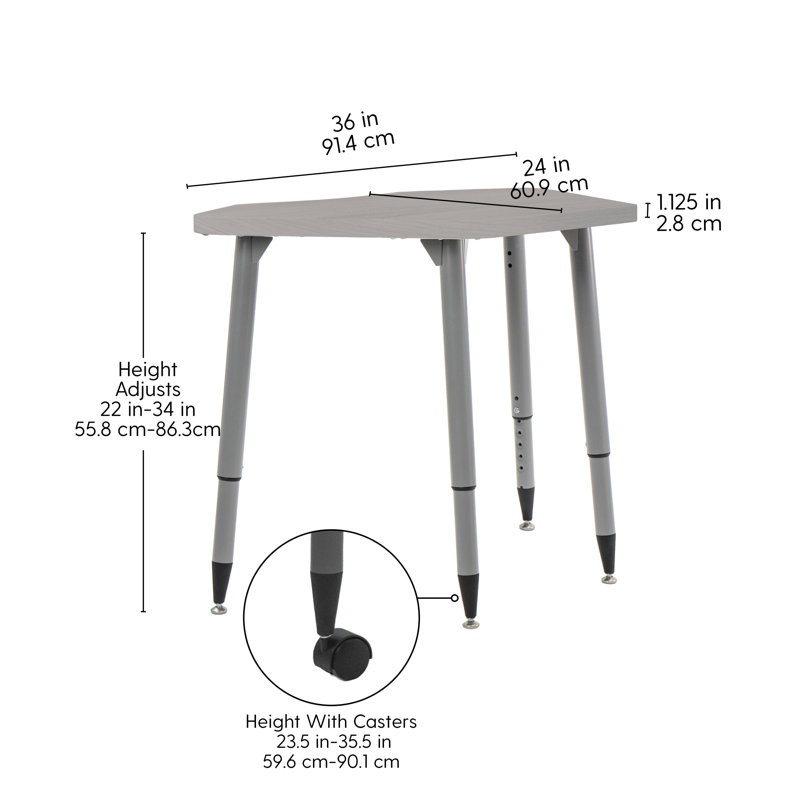 Table d'activité à grain de bois 24 x 36 avec pieds fuselés réglables, Bois gris clair, Argent argent