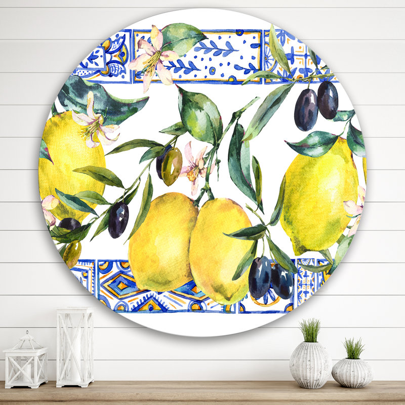 Ornement de citron sur motif géométrique bleu II - cercle tropical en métal, art mural, H 29 po x l 29 po x P 1 po