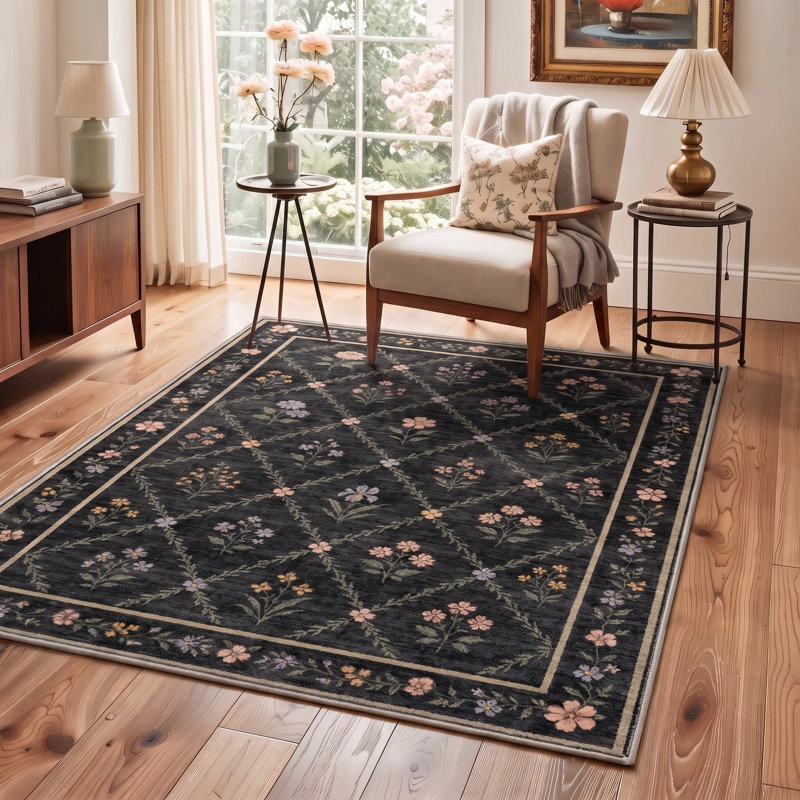 Tapis floral noir / vert lavable à la machine avec envers antidérapant, Rectangle 6 pi x 9 pi