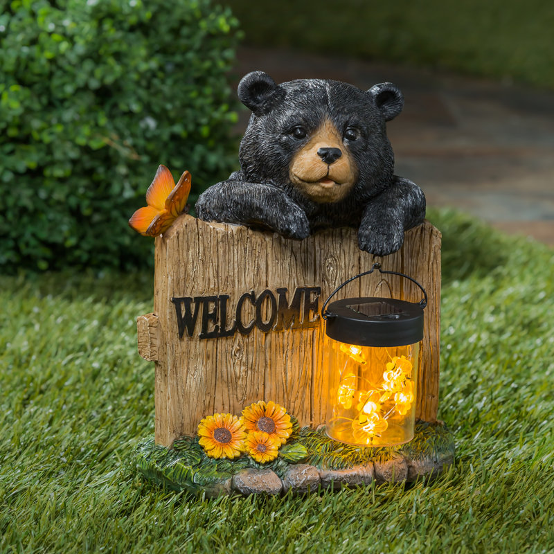 Statue de jardin ours avec lanterne solaire, H 8,27 po x l 9,45 po x P 10,63 po