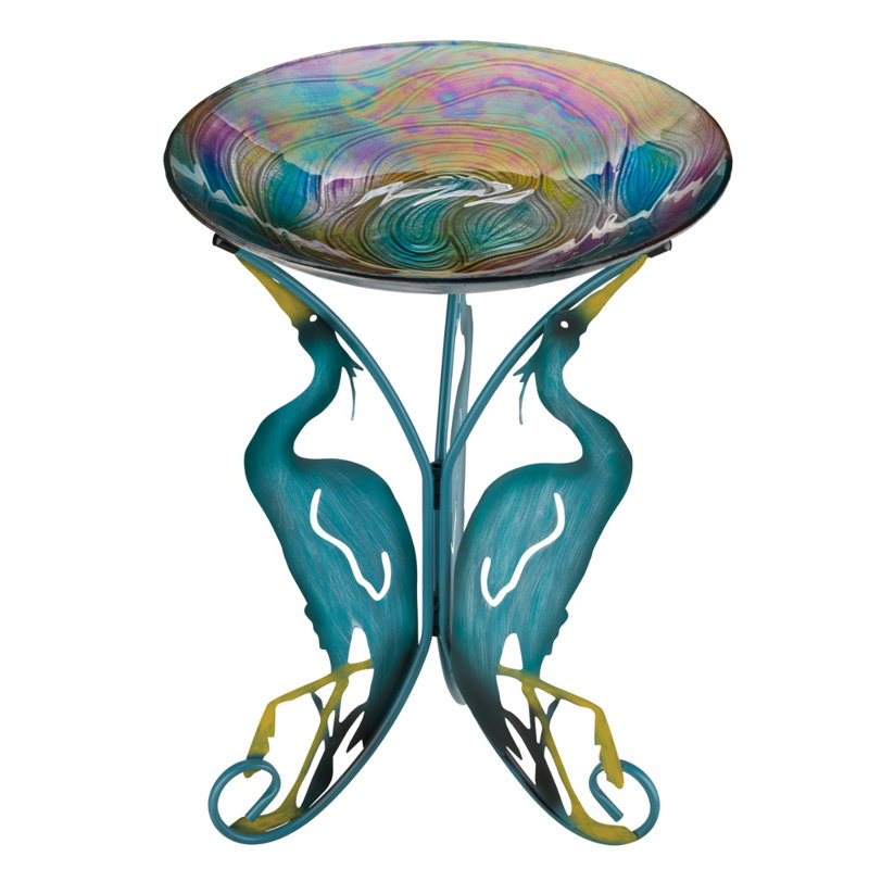 Bain d'oiseaux en verre et métal de 63,5 cm avec support décoratif pour jardin et terrasse - Héron, Héron