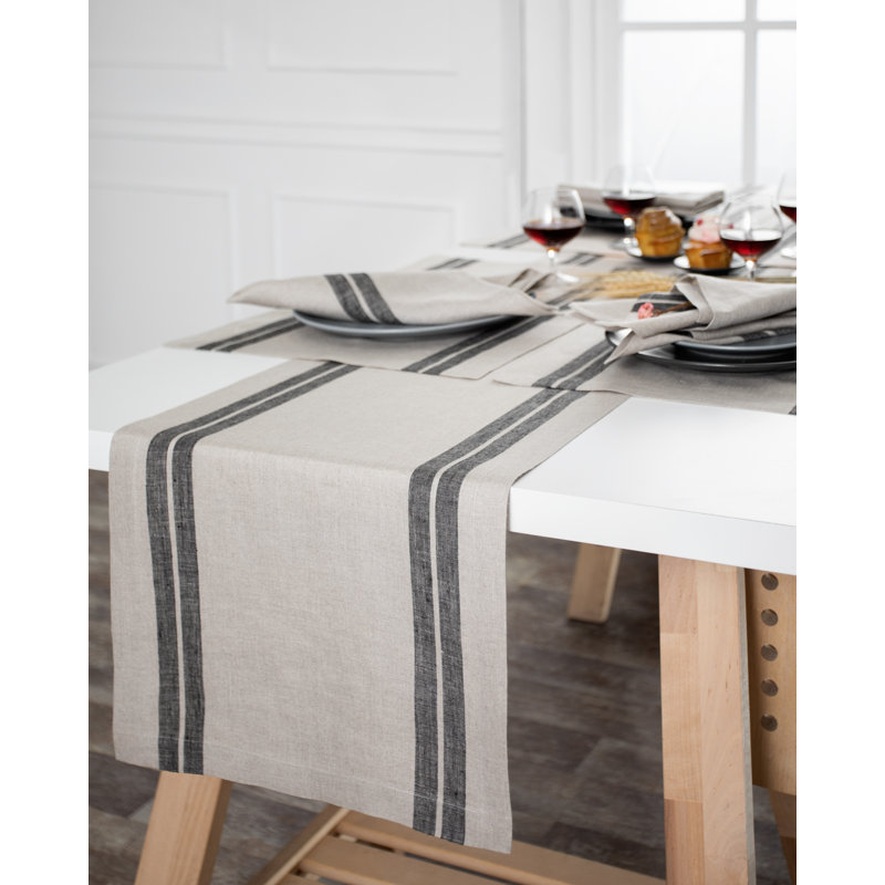 Chemin de table en lin D'Moksha Homes, L 90 po x l 14 po, Naturel/noir