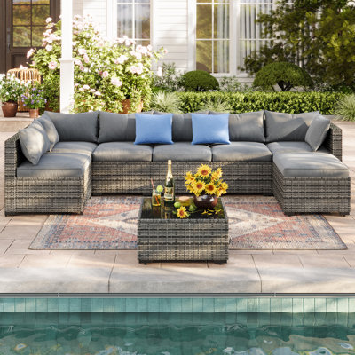 7 - Person Wicker / Rattan Outdoor Sectional Seating Group Storage Table