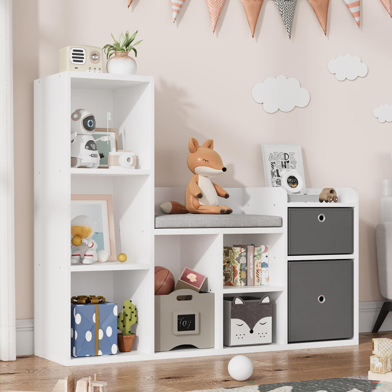 Kids Bookshelf with Reading Bench, 6-Cubby Wooden Toy Storage Organizer with Cushion Seat & 2 Drawers