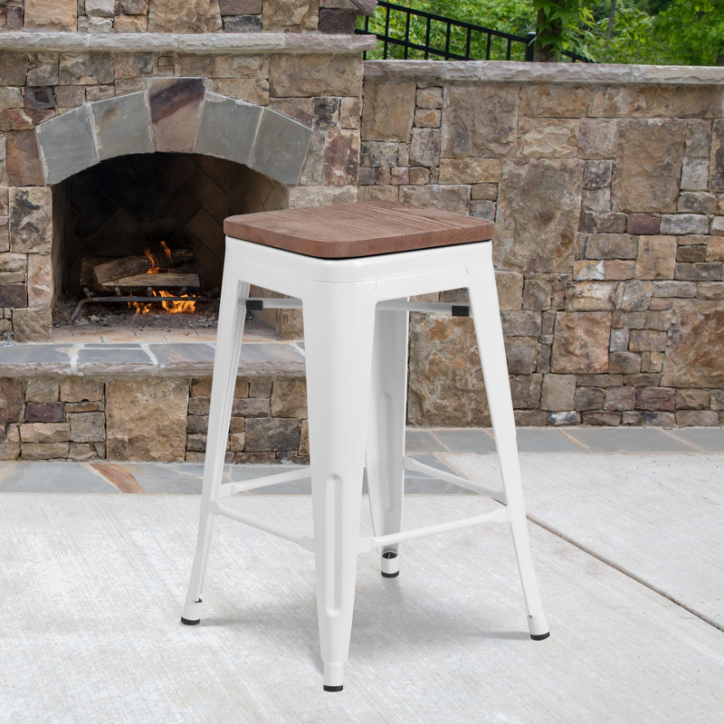 24" White Metal and Brown Wood Backless Counter Stool