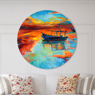 Fishing Sailing Boat at Red Sunset - Modern wall clock