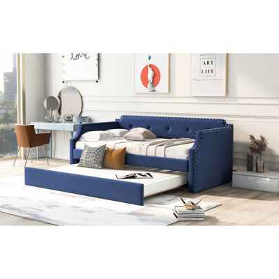 Lit de jour rembourré avec couchette en bleu, tissu de lin simple, ensemble de lattes en bois résilient, simple, revêtu de bleu, soutenu