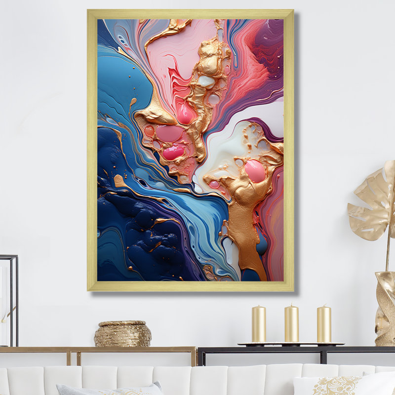Trippy rose bleu abstrait liquide encre III - encre liquide abstrait art mural, H 32 po x l 24 po x P 1 po, Cadre doré simple