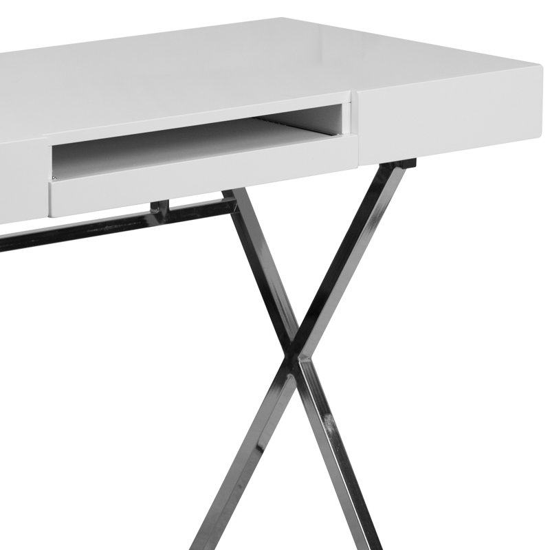 Sleek White 44.25'' Computer Desk with Chrome X-Trestle Base and Keyboard Tray