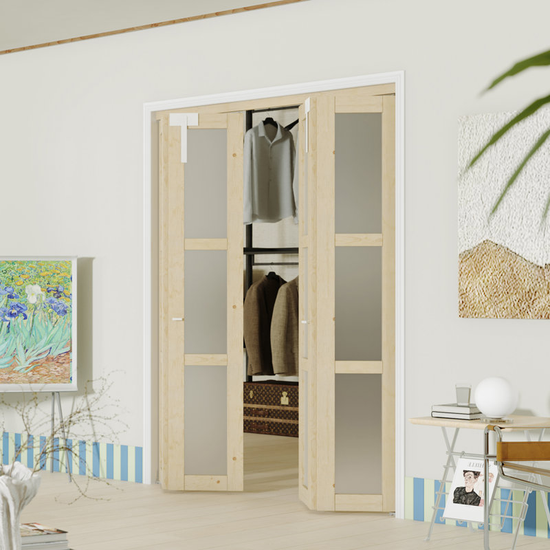 Portes doubles pliantes - Porte intérieure double en panneau de fibres à densité moyenne en verre givré 3 portes pour garde-robe, bois de pin avec serrure, poignée et quincaillerie