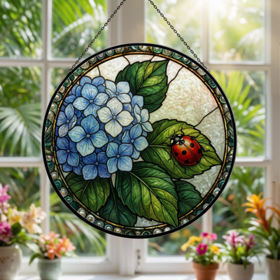 12"H Flower Ladybug Stained Glass Window Panel