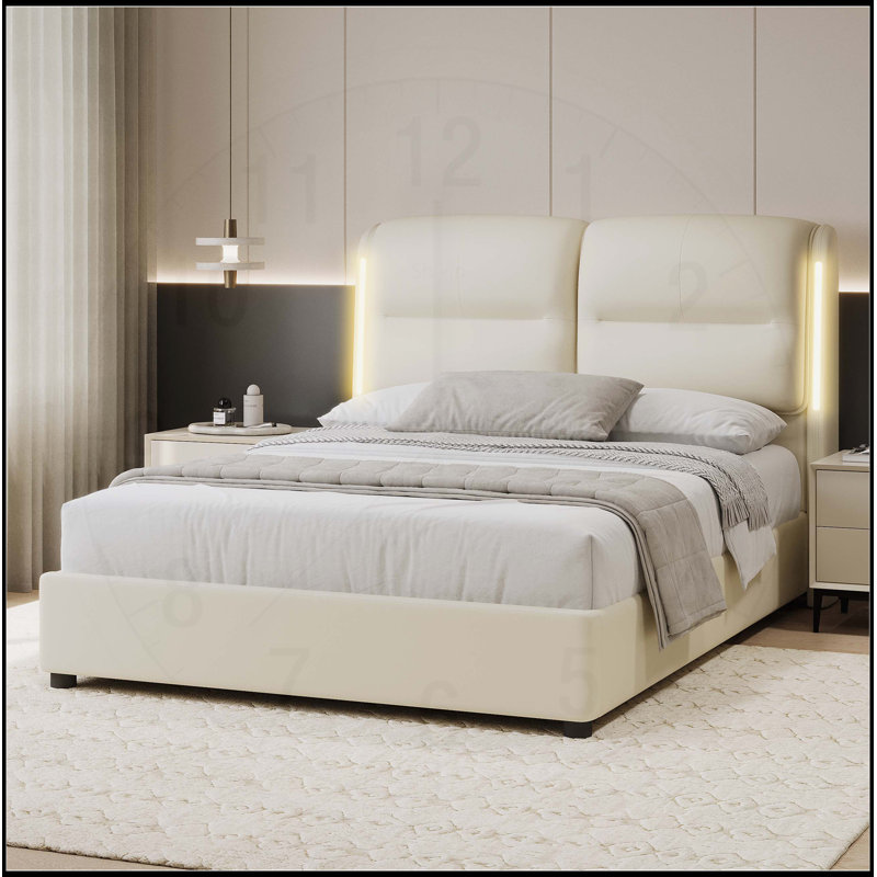 Grand lit plateforme tapissier hydraulique avec rangement relevable, lumières DEL à capteur et aucun sommier nécessaire, gris