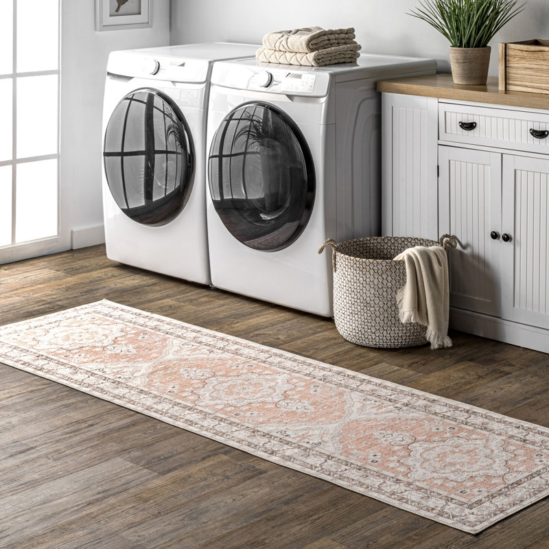 Ashtin Zahra Medallion Machine Washable Area Rug for Living Room Bedroom Dining Room Kitchen, Peach/Ivory, Runner 2'6" x 10'