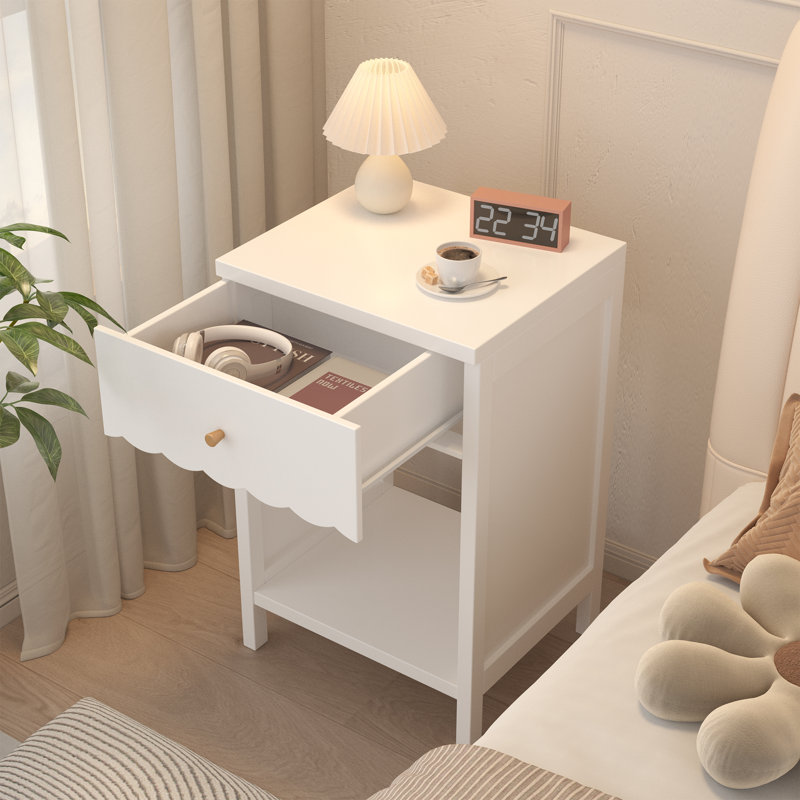 Modern Nightstand with Drawer and Open Shelf, Scalloped Edge Bedside Table for Bedroom, White