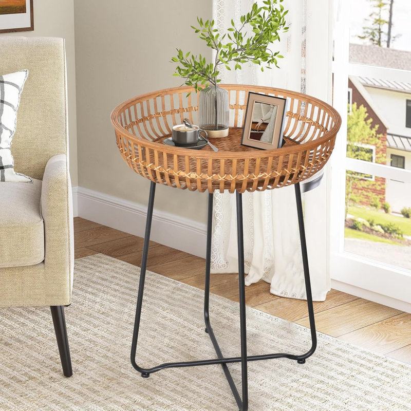 Bamboo And Rattan Round Side Table With Boho Style, Multi-Functional Accent Table For Living Room, Bedroom, Or Balcony