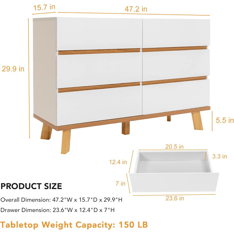 Commode 6 tiroirs 6 tiroirs, commode double moderne 47 "avec large commode