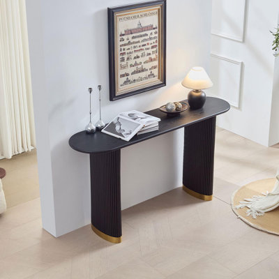 Longueur de la table d'entrée de 59,1 pouces pour le salon, console étroite avec pieds en acier inoxydable de conception unique, table de canapé de conception moderne en panneau de fibres à densité moyenne pour le couloir, entrée, appartement, noir