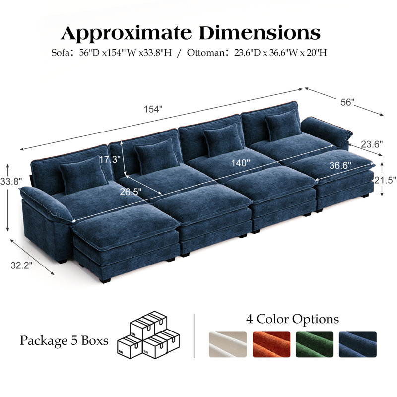 Brazell 154" W U-Shaped Modular Sectional Sofa With Deep Seat, Cloud Couch With Four Ottomans & Removable Cushions-Blue